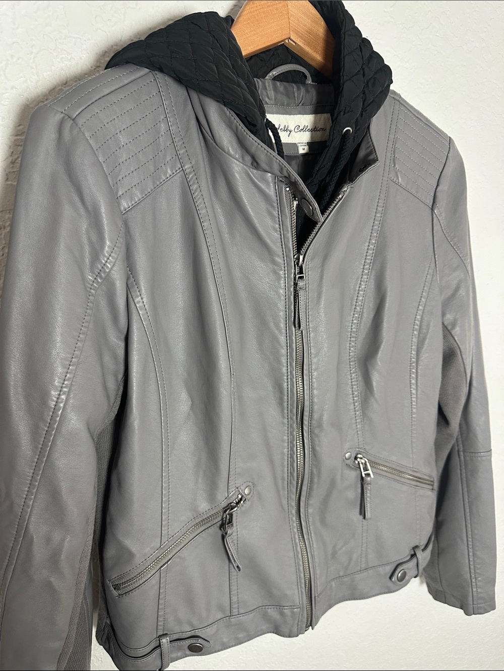 Sebby Collection Grey Faux Leather Moto Jacket Hooded Full Zip Pockets Medium - Picture 3 of 8